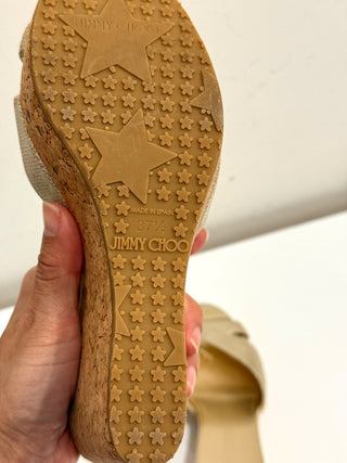 Jimmy Choo Metallic Patent Leather Prima Cork Wedge Platform Sandals Womens 7.5