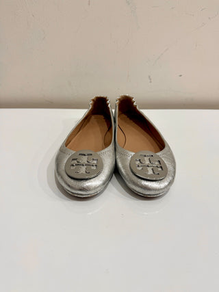 Tory Burch Metallic Leather Slip On Scrunch Ballet Flats Silver Women's Size 7