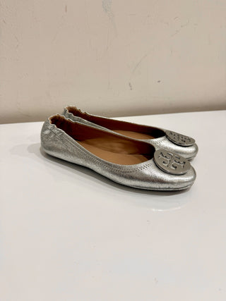 Tory Burch Metallic Leather Slip On Scrunch Ballet Flats Silver Women's Size 7