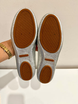 Tory Burch Metallic Leather Slip On Scrunch Ballet Flats Silver Women's Size 7
