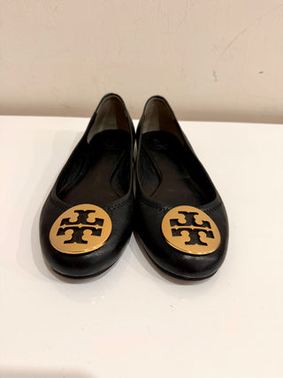 Tory Burch Claire Leather Slip On Scrunch Logo Ballet Flats Black Women's Size 7