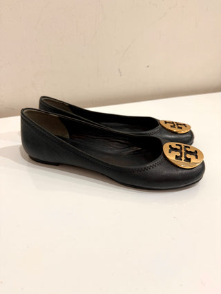 Tory Burch Claire Leather Slip On Scrunch Logo Ballet Flats Black Women's Size 7