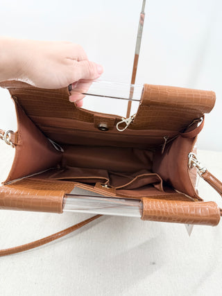 Beis Embossed Faux Leather Crossbody Bag Cognac Brown