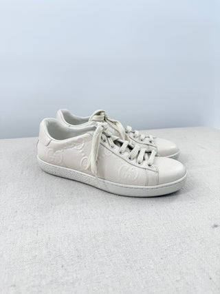 Gucci Ace GG Embossed Leather Low Top Comfort Sneakers Cream Women's Size EU 36