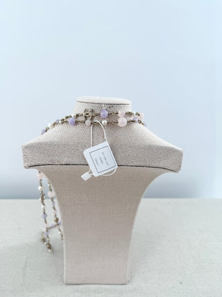 CHANEL vintage long necklace with pink beads and CC