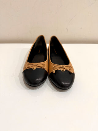 Tory Burch Nappa Leather Bow Cap-Toe Ballet Flats Ginger Black Women's Size US 7
