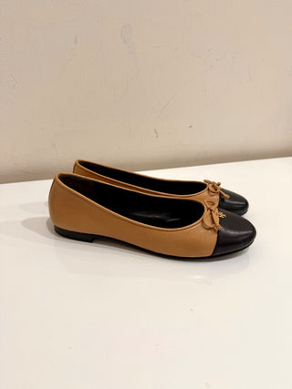 Tory Burch Nappa Leather Bow Cap-Toe Ballet Flats Ginger Black Women's Size US 7