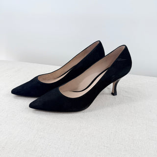 Stuart Weitzman Tippi Suede Pointed Toe Kitten Heel Pumps Black Woken's Size 7.5
