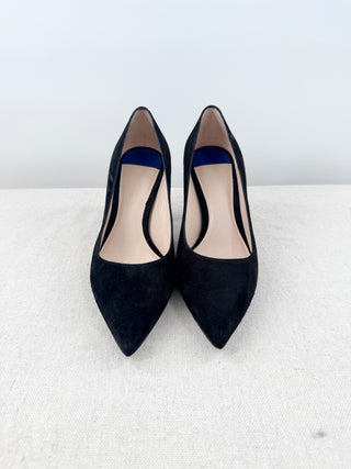 Stuart Weitzman Tippi Suede Pointed Toe Kitten Heel Pumps Black Woken's Size 7.5