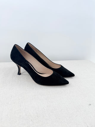 Stuart Weitzman Tippi Suede Pointed Toe Kitten Heel Pumps Black Woken's Size 7.5