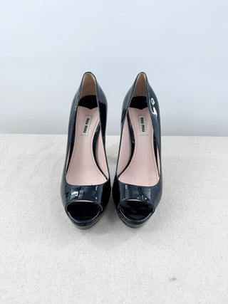 Miu Miu Patent Leather Peep Toe Curved Heel Platform Pump Black Women's EU 40