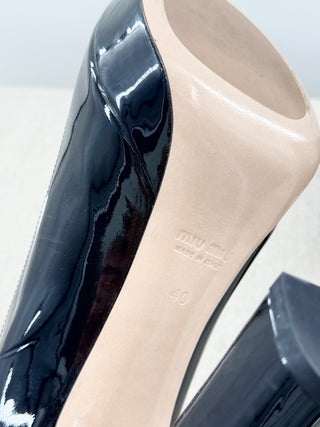 Miu Miu Patent Leather Peep Toe Curved Heel Platform Pump Black Women's EU 40