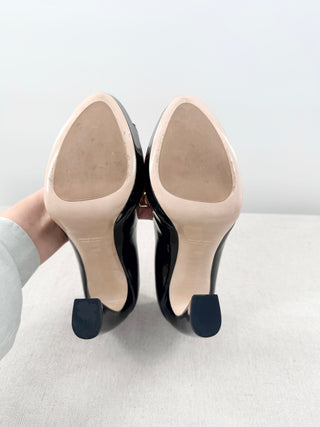 Miu Miu Patent Leather Peep Toe Curved Heel Platform Pump Black Women's EU 40