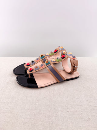 Fendi multicolor leather studded flat gladiator sandals, 40.5