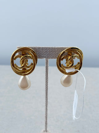 Chanel vintage statement clip on CC earrings with hanging pearl KL era
