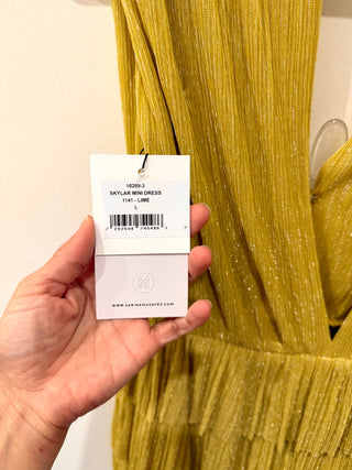 NWT Sabina Musayev Skylar Tiered Pleated Lurex Knit Mini Dress Lime Womens Large