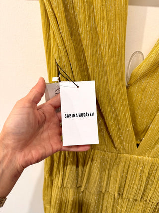 NWT Sabina Musayev Skylar Tiered Pleated Lurex Knit Mini Dress Lime Womens Large