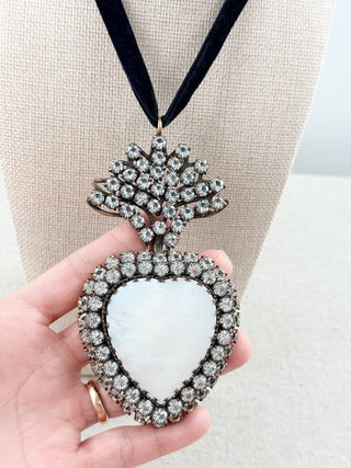 Tory Burch statement velvet rhinestones mother of the pearl necklace with pendant