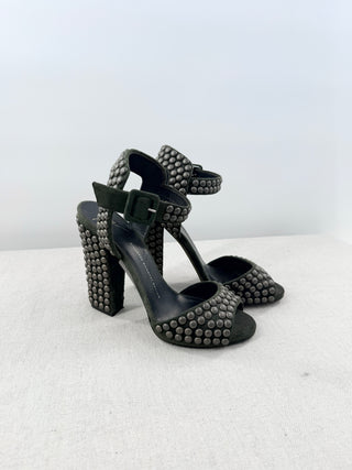 Giuseppe Zanotti Studded Suede Chunky-Heel Sandals Military Green Womens EU 39