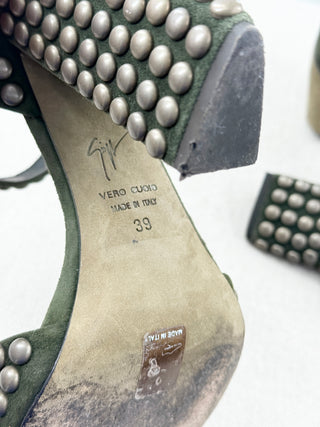 Giuseppe Zanotti Studded Suede Chunky-Heel Sandals Military Green Womens EU 39