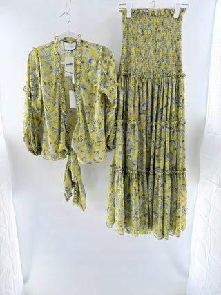 Alexis floral print ruffle set open front top and long skirt, XS