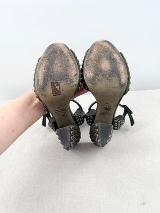 Giuseppe Zanotti Studded Suede Chunky-Heel Sandals Military Green Womens EU 39