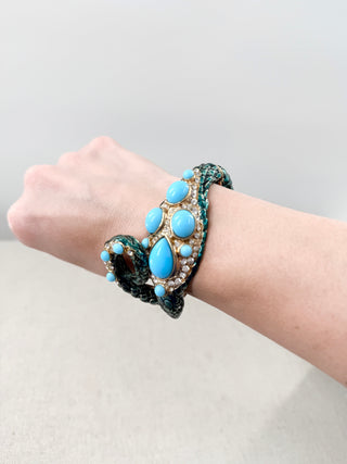 Roberto Cavalli Snake-Shaped Turquoise Cabochon Stones Cuff Bracelet