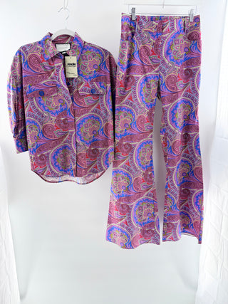 Alexis cotton paisley print set: button down shirt and pants, top XS / bottom S