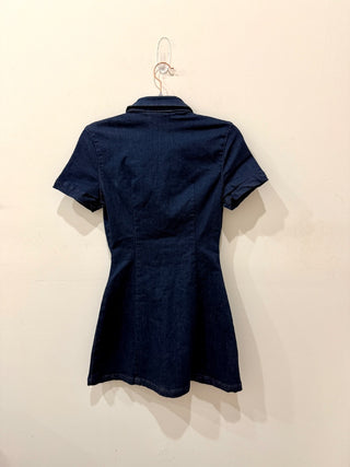 NWT Zara Pleated Slim Fit Stretch Denim Mini Shirt Dress Blue Women's Size Small
