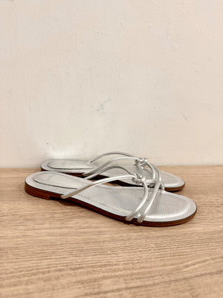 Alexandre Birman Metallic Leather Slip On Flat Sandals Silver Women's Size EU 38