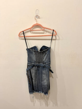 Retrofete Ashlyn Strapless Belted Raw Hem Denim Mini Dress Sea Blue Women's XS