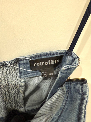 Retrofete Ashlyn Strapless Belted Raw Hem Denim Mini Dress Sea Blue Women's XS