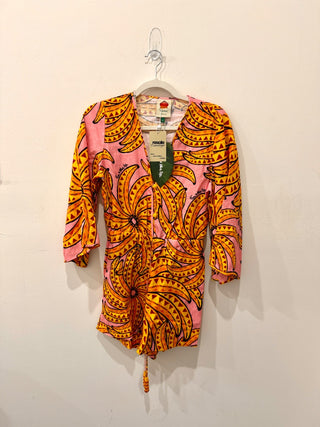 NWT Farm Rio Banana Floral Linen 3/4 Sleeve Romper Pink/Yellow Women's Size S