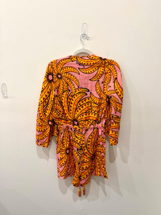 NWT Farm Rio Banana Floral Linen 3/4 Sleeve Romper Pink/Yellow Women's Size S