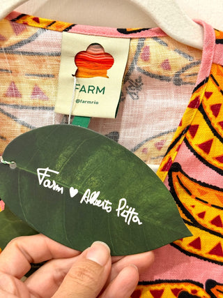 NWT Farm Rio Banana Floral Linen 3/4 Sleeve Romper Pink/Yellow Women's Size S