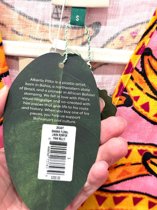 NWT Farm Rio Banana Floral Linen 3/4 Sleeve Romper Pink/Yellow Women's Size S