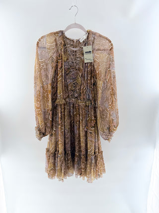 Zimmermann Concert Long Sleeve Lace Up Mini Dress Patchwork Paisley Womens 1 / S