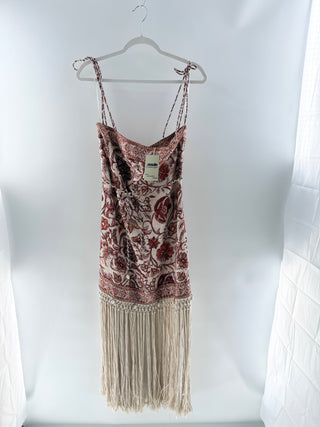 Zimmermann Vitali Fringed Floral Linen Maxi Dress Beige Red Womens Size 1 / S