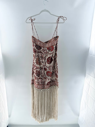 Zimmermann Vitali Fringed Floral Linen Maxi Dress Beige Red Womens Size 1 / S