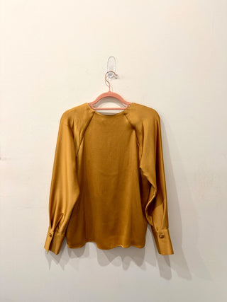 NWT DKNY Hammered Satin V-Neck Long Sleeve Popover Blouse Gold Women's Size XS