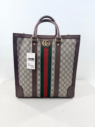 Gucci Ophidia Large Tote Bag Beige and Ebony GG Supreme Canvas with Leather Trim