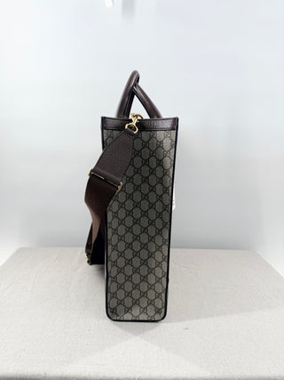 Gucci Ophidia Large Tote Bag Beige and Ebony GG Supreme Canvas with Leather Trim