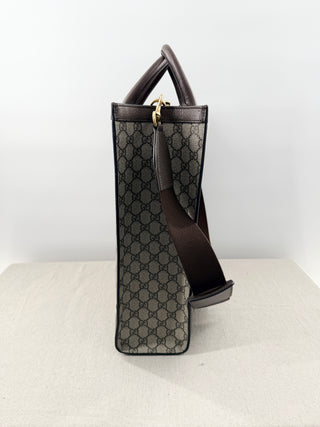 Gucci Ophidia Large Tote Bag Beige and Ebony GG Supreme Canvas with Leather Trim