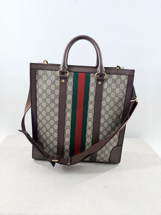 Gucci Ophidia Large Tote Bag Beige and Ebony GG Supreme Canvas with Leather Trim