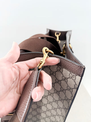 Gucci Ophidia Large Tote Bag Beige and Ebony GG Supreme Canvas with Leather Trim