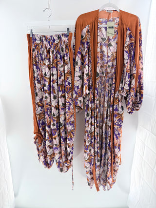 Free People satin set duster and pants, XS oversized