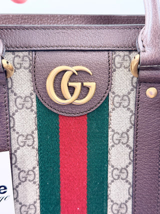 Gucci Ophidia Large Tote Bag Beige and Ebony GG Supreme Canvas with Leather Trim
