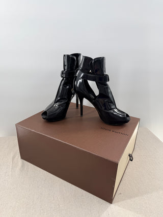 Vintage Louis Vuitton Patent Leather Stilettos Platform Ankle Boots Black EU 37