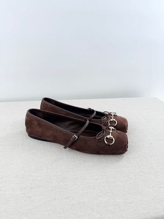 Gucci Suede Leather Horsebit Slip On Ballet Flat Dark Chocolate Women'e EU 39