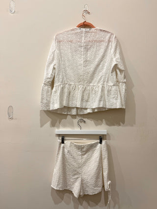 Zara Eyelet Peplum Blouse & Flat Front Shorts Set White Women's Top M / Bottom S
